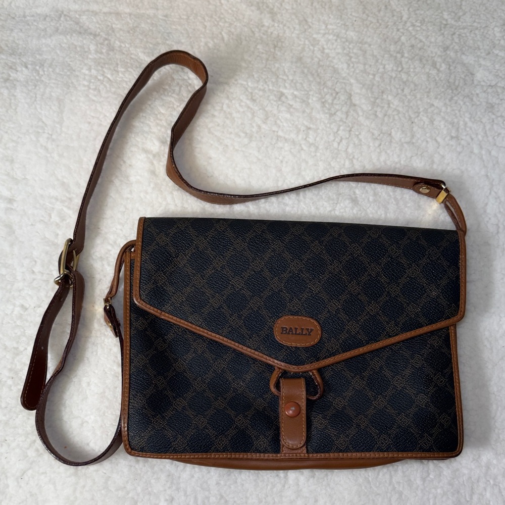 Vintage Bally Monogram Canvas & Leather Shoulder Messenger Bag Made In Italy‎